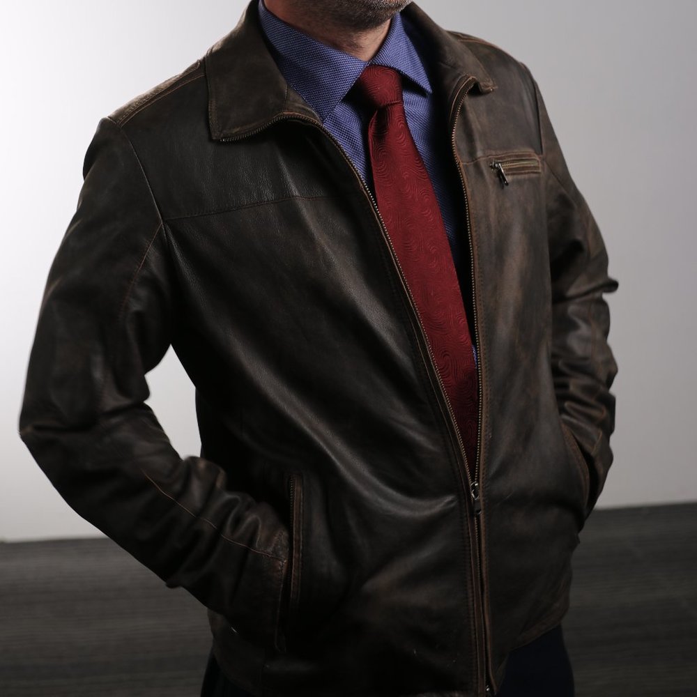 Distressed stone washed leather jacket